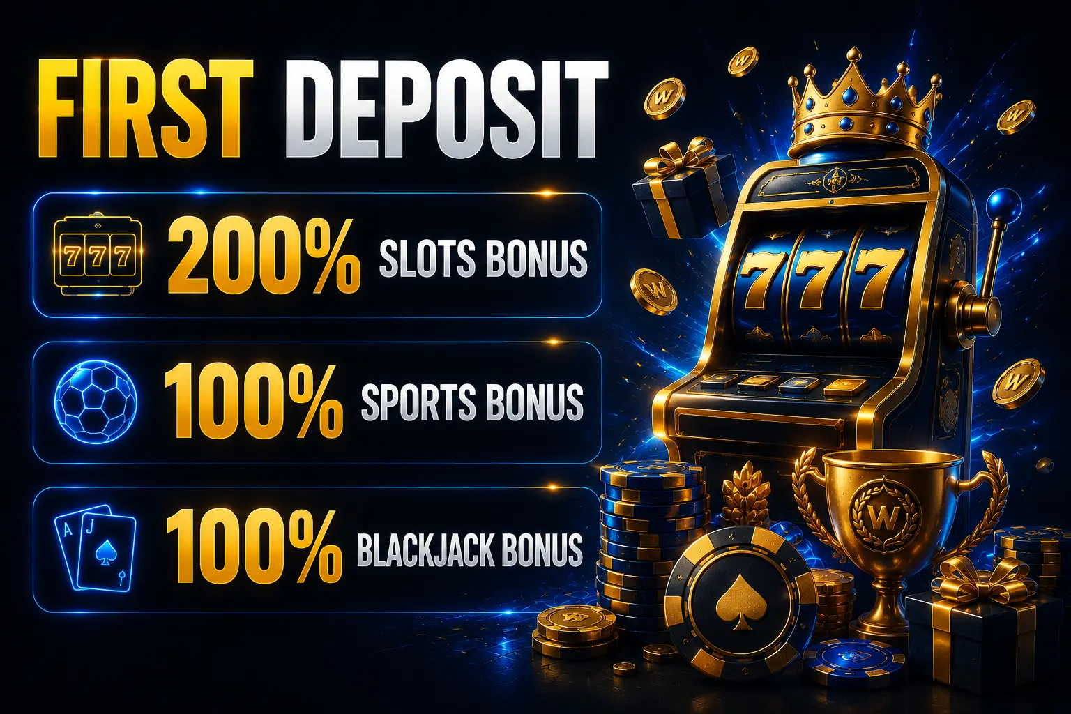 مكافأة الإيداع الأول من TrueWin — 200% سلوت، 100% رياضة، 100% بلاك جاك