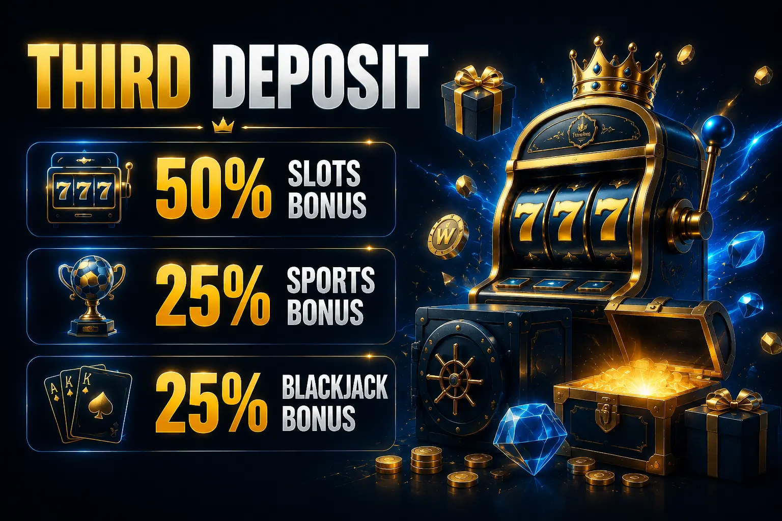 مكافأة الإيداع الثالث من TrueWin — 50% سلوت، 25% رياضة، 25% بلاك جاك
